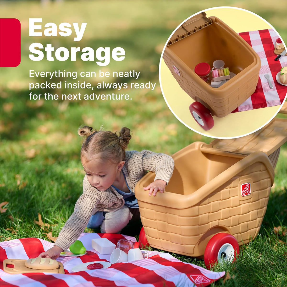 Step2 My First Picnic Rolling Basket, 30 Pc Pretend Play Accessory Set, Brown