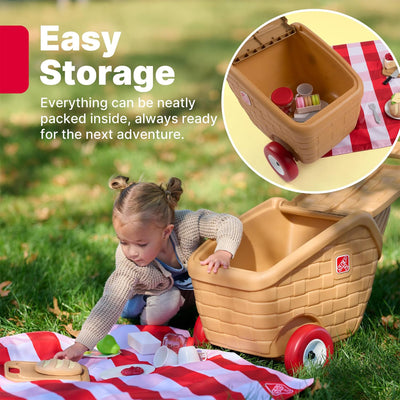 Step2 My First Picnic Rolling Basket, 30 Pc Pretend Play Accessory Set, Brown