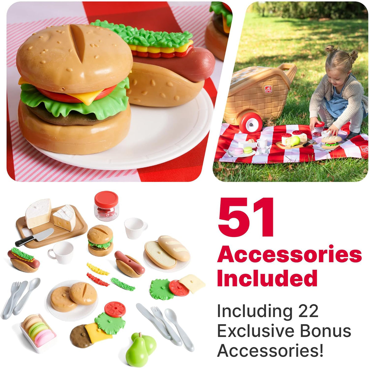 Step2 My First Picnic Rolling Basket, 30 Pc Pretend Play Accessory Set, Brown