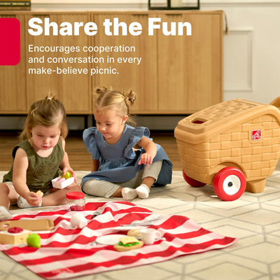 Step2 My First Picnic Rolling Basket, 30 Pc Pretend Play Accessory Set, Brown