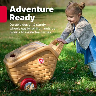 Step2 My First Picnic Rolling Basket, 30 Pc Pretend Play Accessory Set, Brown
