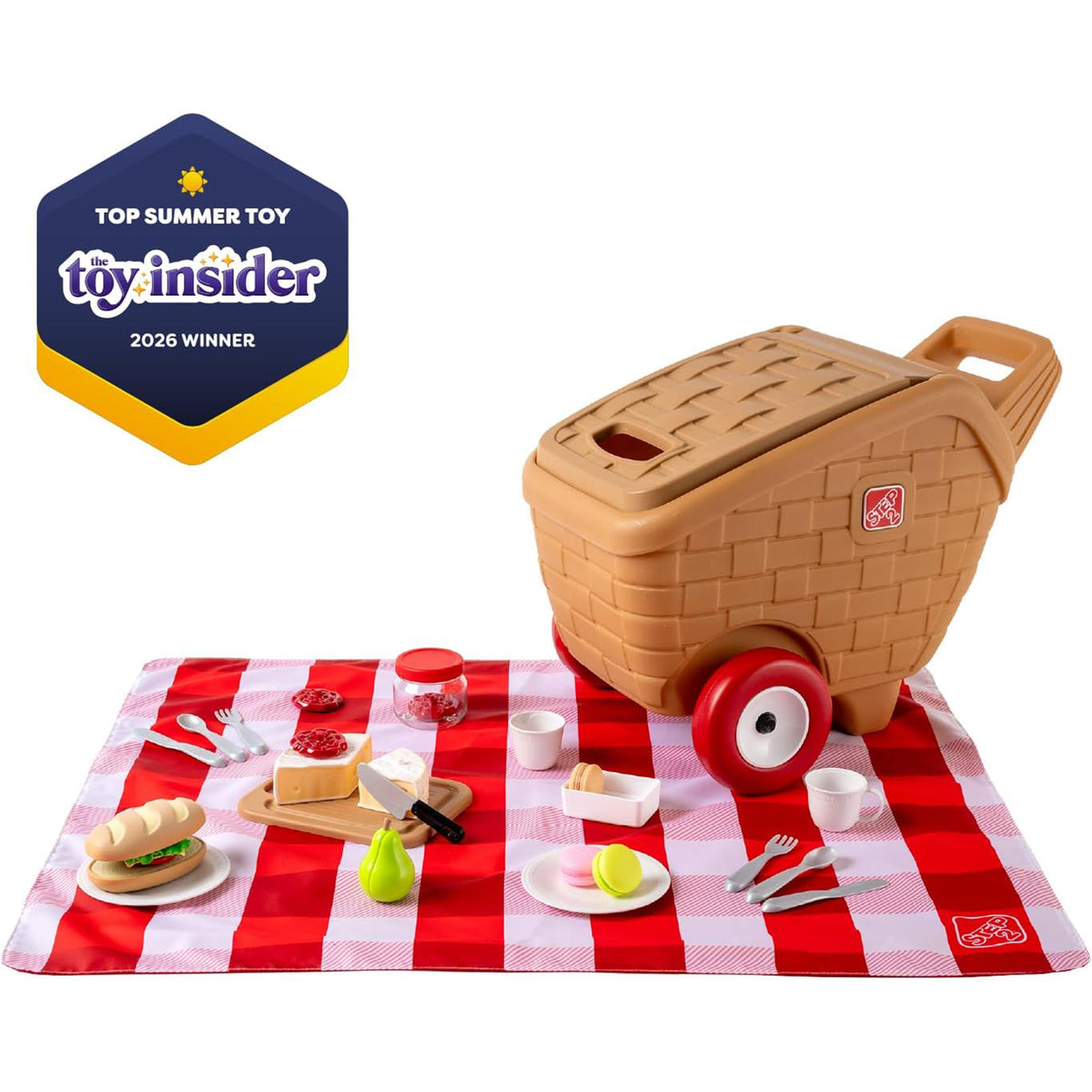 Step2 My First Picnic Rolling Basket, 30 Pc Pretend Play Accessory Set, Brown