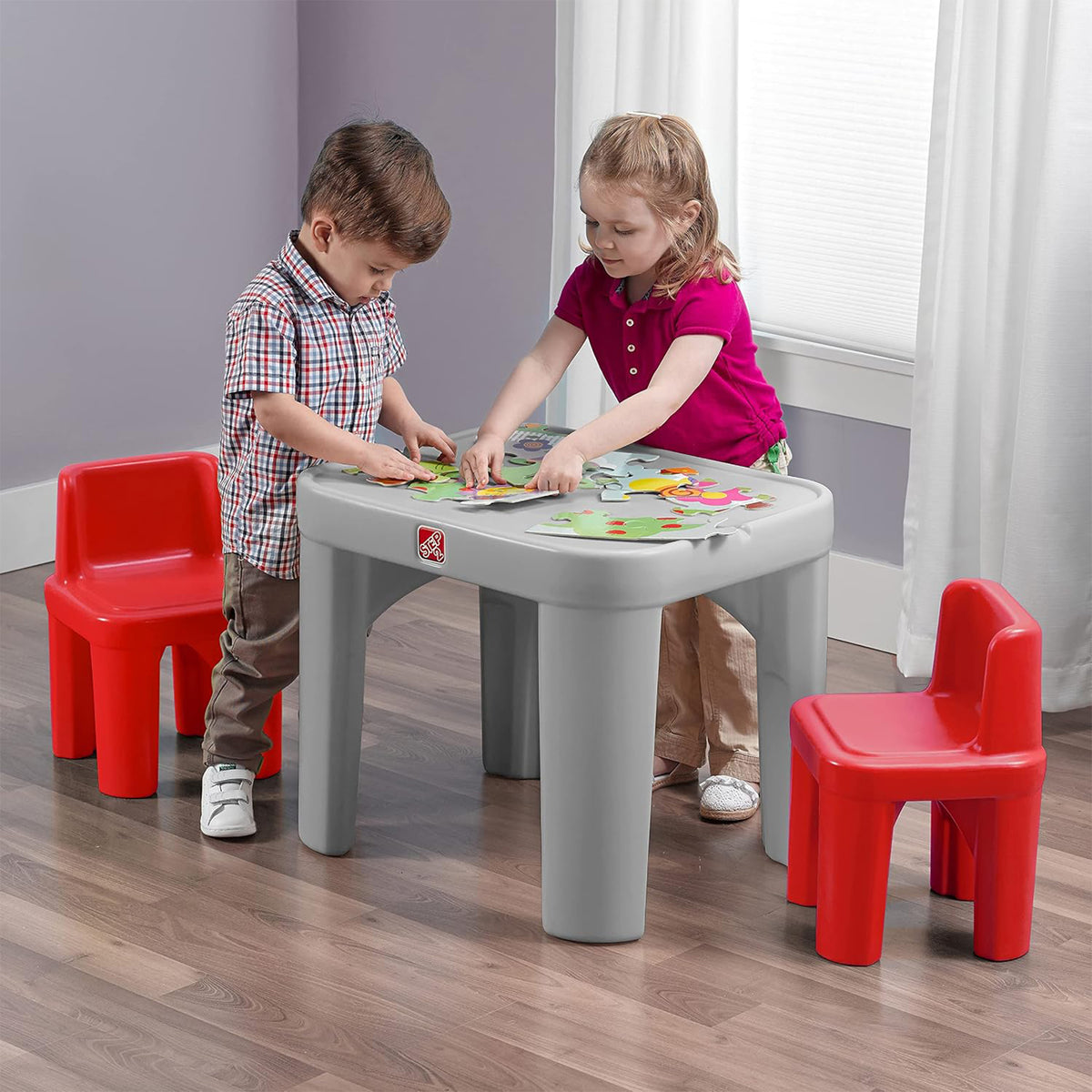 Step2 Mighty My Size Table and Chairs Set for Kids 2 Years and Up, Gray, Red