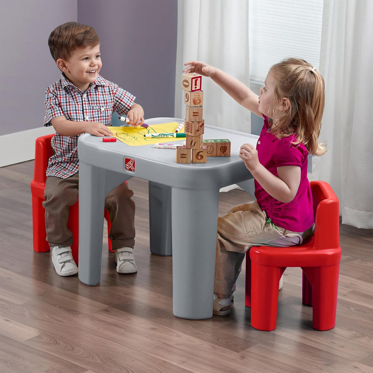 Step2 Mighty My Size Table and Chairs Set for Kids 2 Years and Up, Gray, Red
