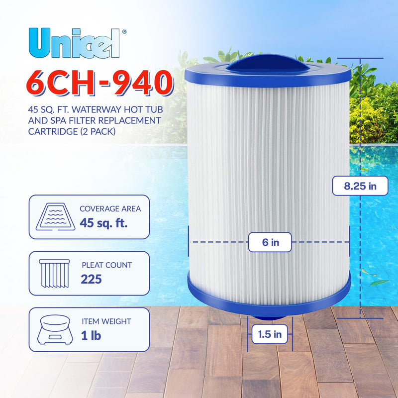 Unicel 6CH-940 Replacement 45 SqFt Filter Cartridge for Spa, 225 Pleats (2 Pack)