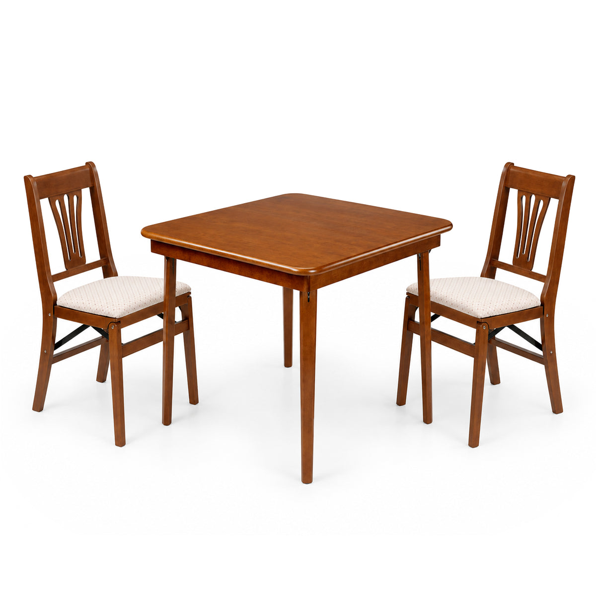 MECO Stakmore Urn Wood Upholstered Seat Folding Chairs and Folding Card Table