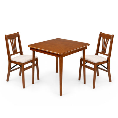 MECO Stakmore Urn Wood Upholstered Seat Folding Chairs and Folding Card Table