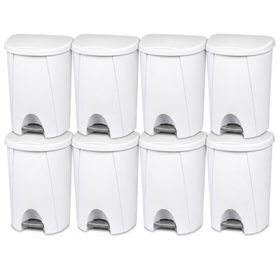 Sterilite 6.6 Gal StepOn Wastebasket Hands Free Garbage Trash Can, White, 8 Pack