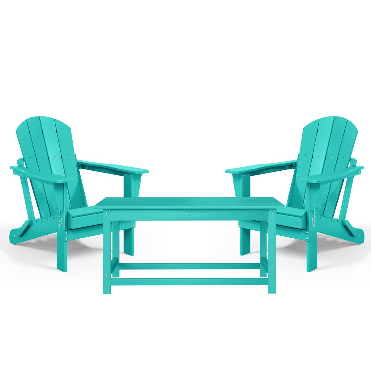 WestinTrends Malibu Outdoor Patio HDPE Folding Adirondack Chair, Pacific Blue (2 Pack)  + WestinTrends Malibu Outdoor Poly Wood Coffee Table, 35.25 x 17.5 Inch, Turquoise