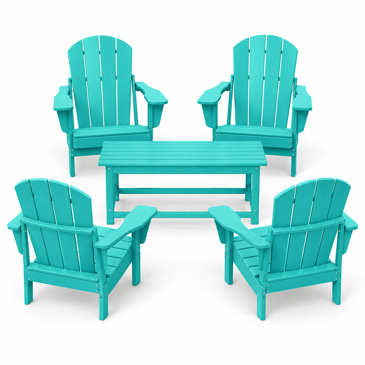 WestinTrends Malibu Outdoor Patio HDPE Folding Adirondack Chair, Pacific Blue (4 Pack)  + WestinTrends Malibu Outdoor Poly Wood Coffee Table, 35.25 x 17.5 Inch, Turquoise