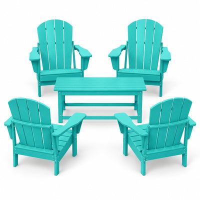 WestinTrends Malibu Outdoor Patio HDPE Folding Adirondack Chair, Pacific Blue (4 Pack)  + WestinTrends Malibu Outdoor Poly Wood Coffee Table, 35.25 x 17.5 Inch, Turquoise