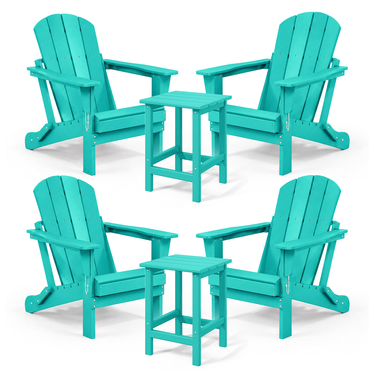 WestinTrends Malibu Outdoor Patio HDPE Folding Adirondack Chair, Pacific Blue (4 Pack)  + WestinTrends Malibu 14-Inch Square Outdoor Side Table for Adirondack Chair (2 Pack)
