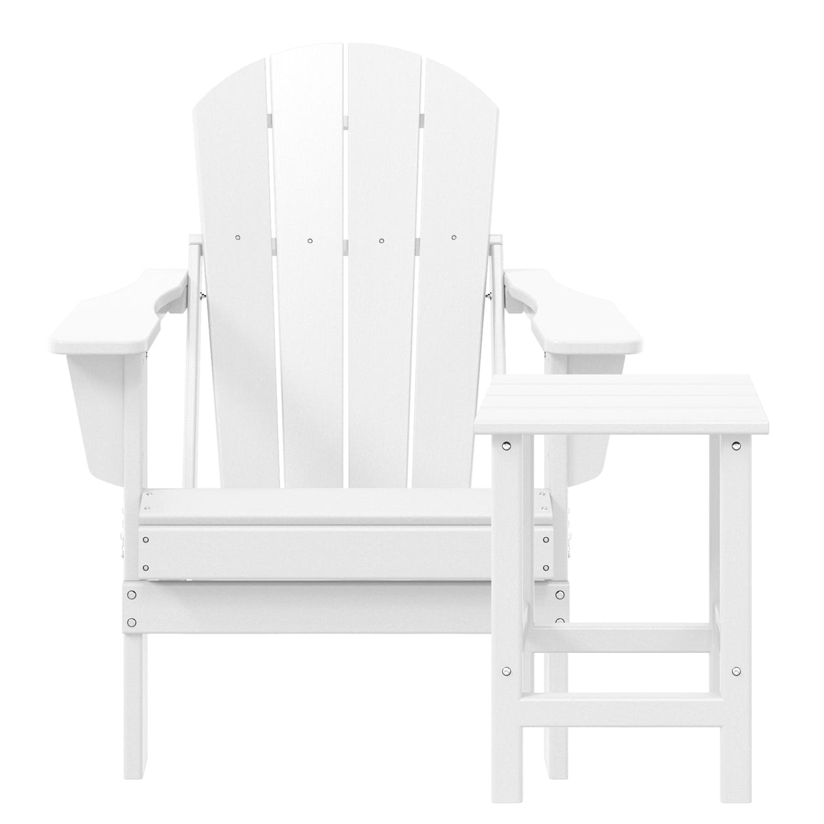 WestinTrends Malibu Classic Outdoor Patio HDPE Folding Adirondack Chair, White + WestinTrends Malibu 14" Square Outdoor Side Table for Adirondack Chair, White