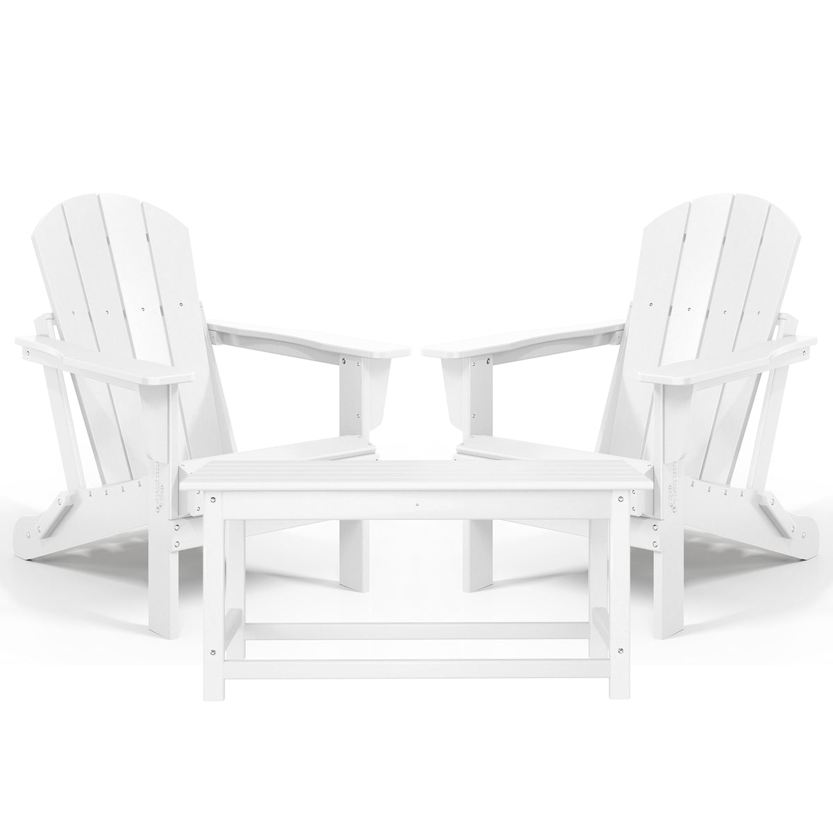 WestinTrends Malibu Classic Outdoor Patio HDPE Folding Adirondack Chair, White (2 Pack)  + WestinTrends Malibu Outdoor Poly Lumber Coffee Table, 35.25 x 17.5 Inch, White
