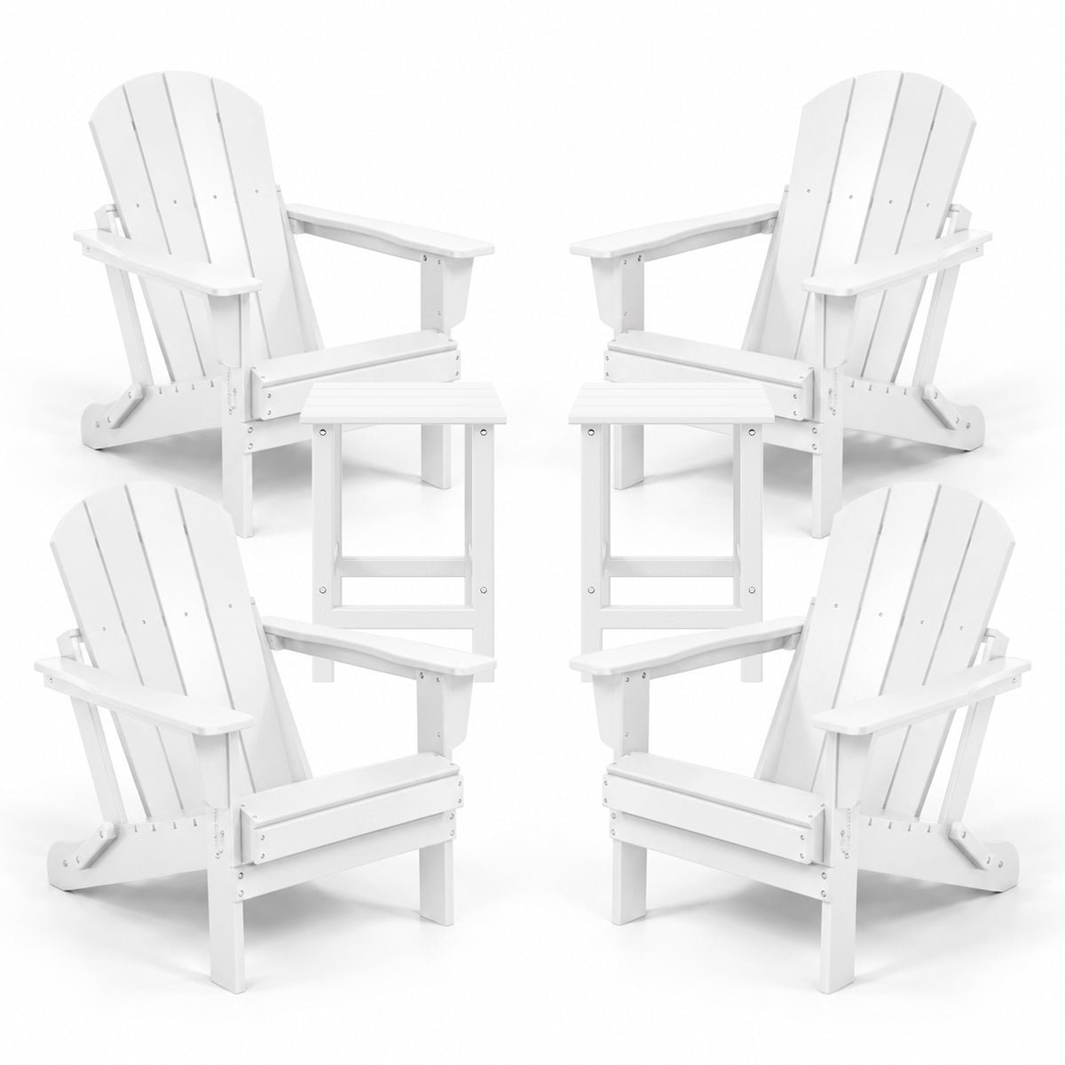 WestinTrends Malibu Classic Outdoor Patio HDPE Folding Adirondack Chair, White (4 Pack)  + WestinTrends Malibu 14" Square Outdoor Side Table for Adirondack Chair, White (2 Pack)