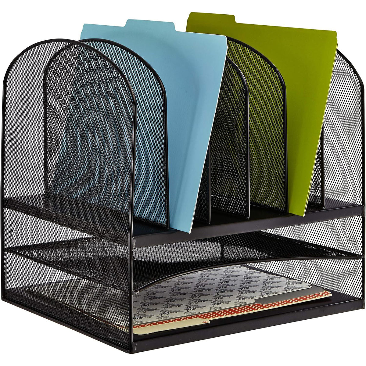 Safco Onyx Desk Organizer w/ 6 Vertical Compartments and 2 Storage Trays, Black