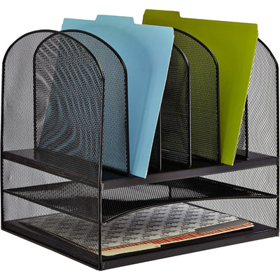 Safco Onyx Desk Organizer w/ 6 Vertical Compartments and 2 Storage Trays, Black