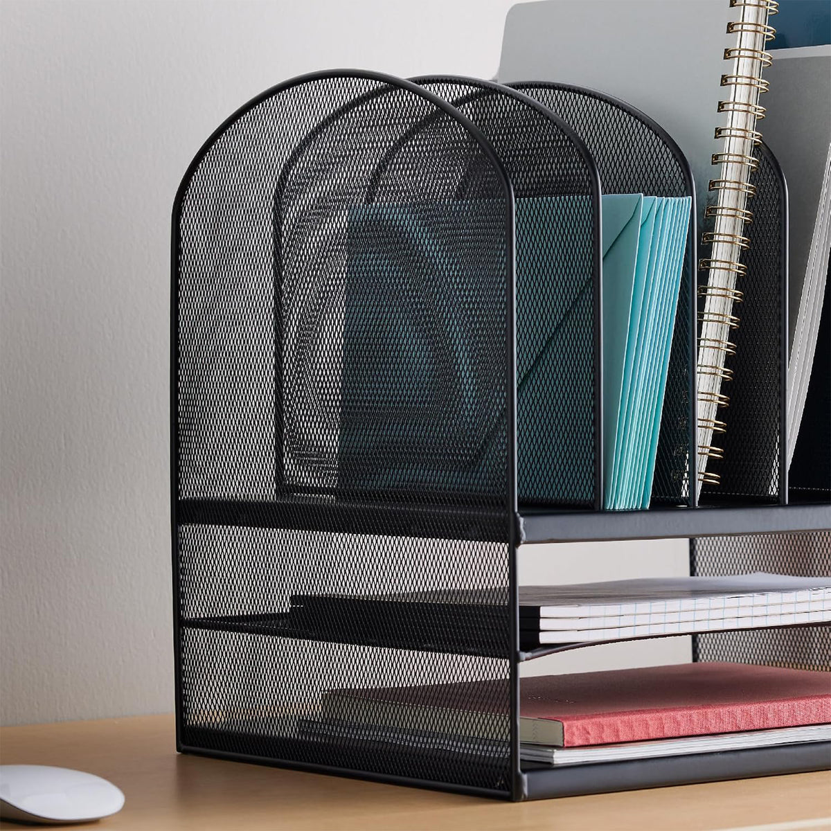 Safco Onyx Desk Organizer w/ 6 Vertical Compartments and 2 Storage Trays, Black