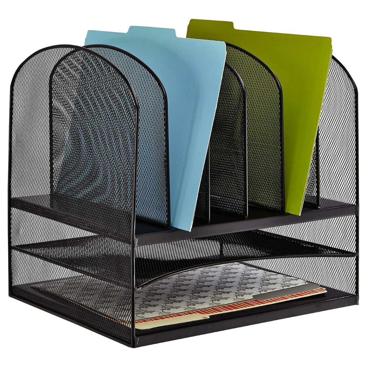 Safco Onyx Desk Organizer w/ 6 Vertical Compartments and 2 Storage Trays, Black