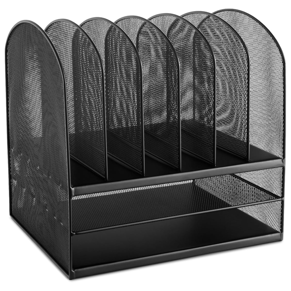 Safco Onyx Desk Organizer w/ 6 Vertical Compartments and 2 Storage Trays, Black