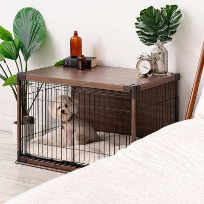 IRIS USA Wood-Look Wire Pet Crate with Sliding Lock Gate and Cleaning Tray