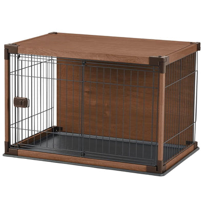 IRIS USA Wood-Look Wire Pet Crate with Sliding Lock Gate and Cleaning Tray