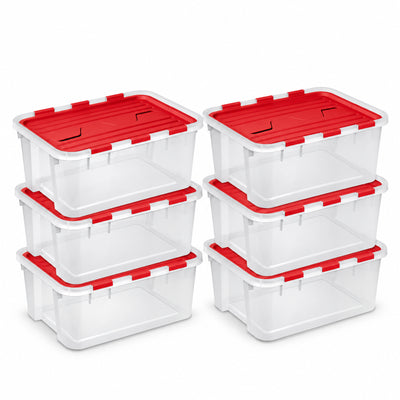 Sterilite 6 Pack 40 Qt Hinged Lid Ornament Storage Box with Dividers, Rocket Red