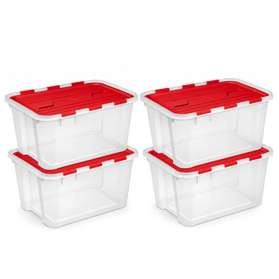 Sterilite 4 Pack 60 Qt Hinged Lid Ornament Storage Box with Dividers, Rocket Red