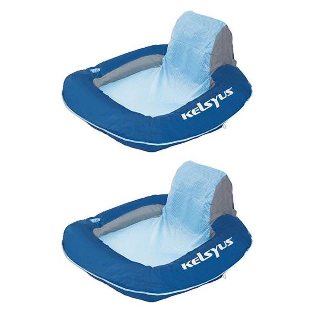 Kelsyus Floating Pool Lounger Inflatable Chair w/ Cup Holder, Blue (2 Pack)