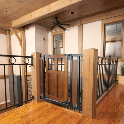 Evenflo 30" Easy Walk Thru Child Safety Barn Door Doorway & Stairs Gate, Brown - VMInnovations