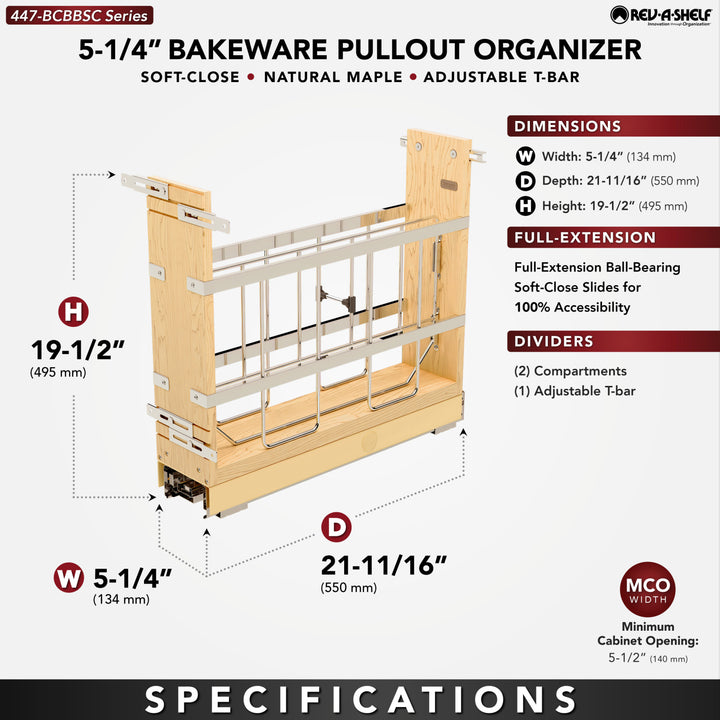 Rev-A-Shelf 5.26" Pullout Cabinet Organizer, Ball-bearing Soft-close, 447-BCBBSC-5C