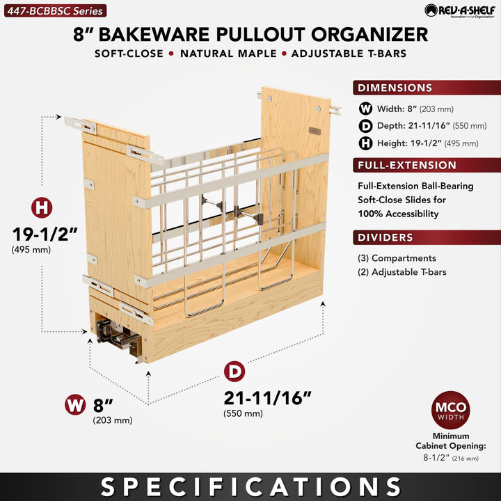 Rev-A-Shelf 8" Pullout Cabinet Organizer, Ball-bearing Soft-close, 447-BCBBSC-8C