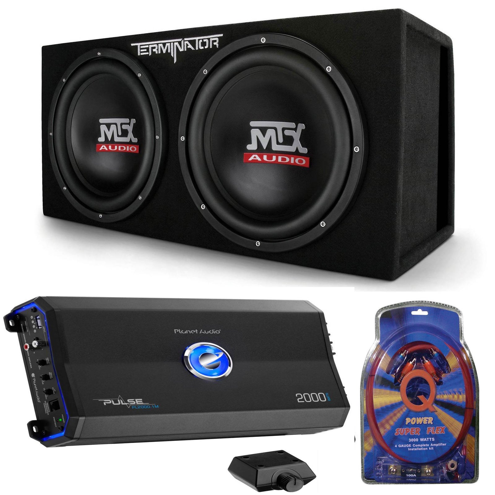 MTX TNE212D 12" 1200W Dual Loaded Car Subwoofers Box & Planet 2000W Amp with Kit - VMInnovations