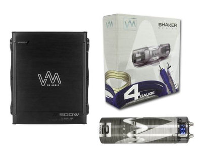 VM Audio 500W 2 Channel Car Amp + 4 Gauge Wiring Kit (Blue) + 2 Farad Capacitor