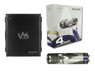 VM Audio 500W 2 Channel Car Amp + 4 Gauge Wiring Kit (Blue) + 4.5 Farad Cap