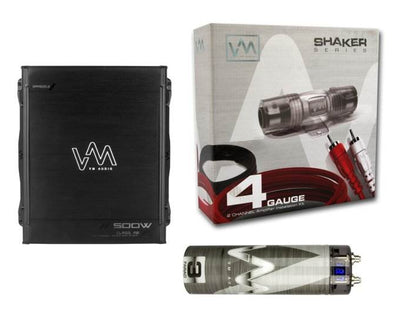 NEW VM Audio SRA500.2 500W 2 Channel Car Amp + 4 Gauge Wiring Kit + 3 Farad Cap