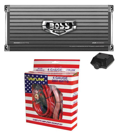 Boss AR4000D 4000W Mono D Car Audio Amplifier w/Remote & 4 Gauge Amp Install Kit
