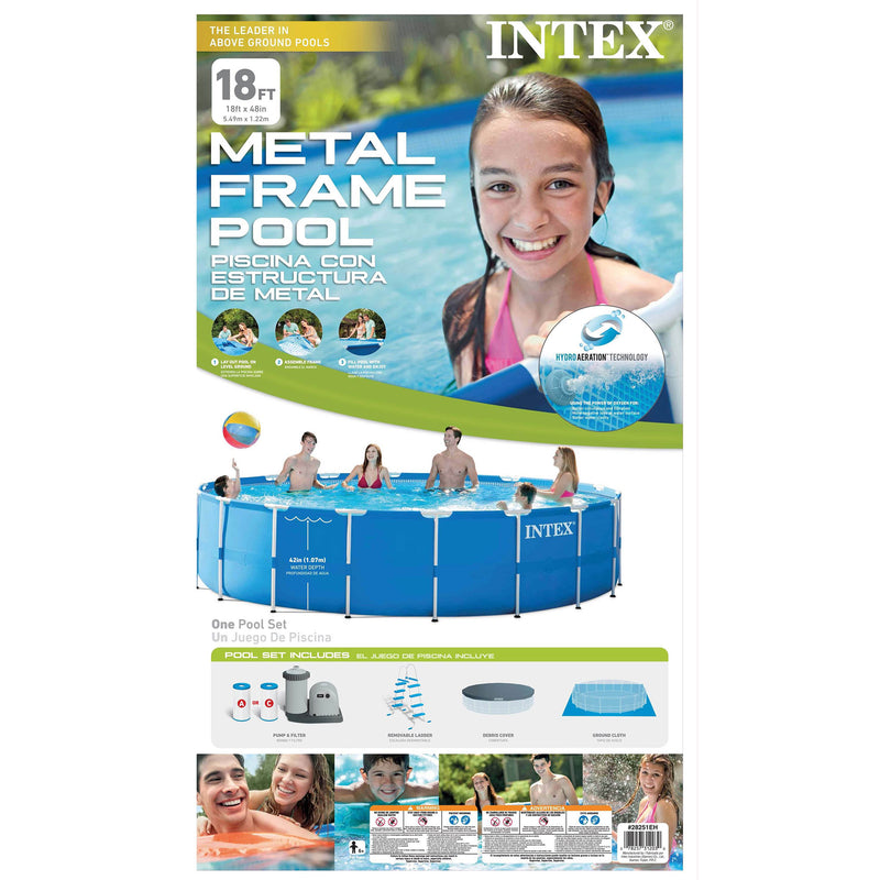 Intex 18ft x 48in Metal Frame Above Ground Round Family Swimming Pool Set & Pump