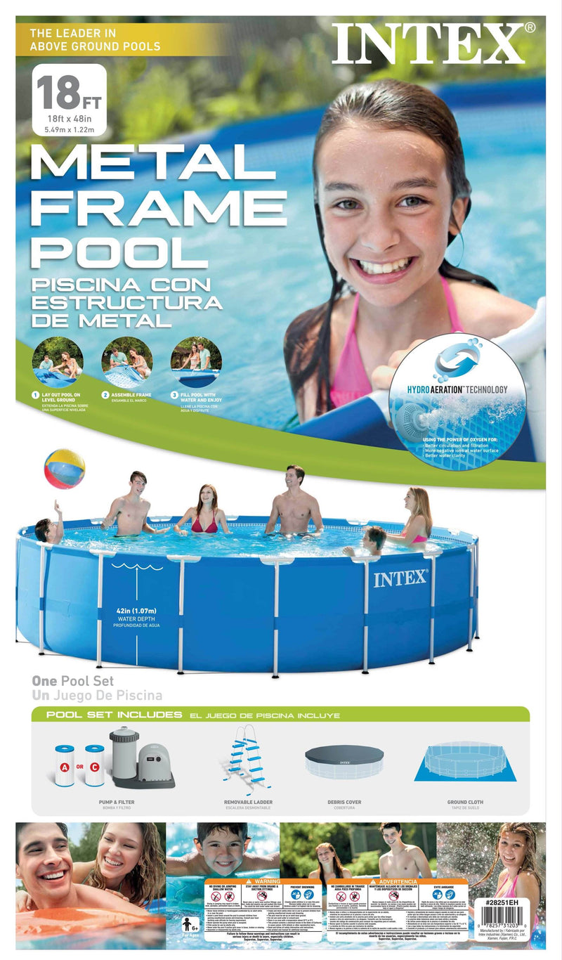 Intex 18ft x 48in Metal Frame Above Ground Round Family Swimming Pool Set & Pump