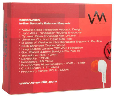 2 VM Audio SREB3 In Ear Earphones Earbuds MP3/iPod iPhone Headphones - White Red