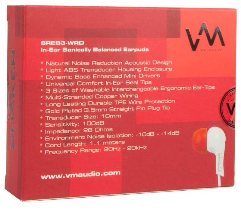 2 VM Audio SREB3 In Ear Earphones Earbuds MP3/iPod iPhone Headphones - White Red