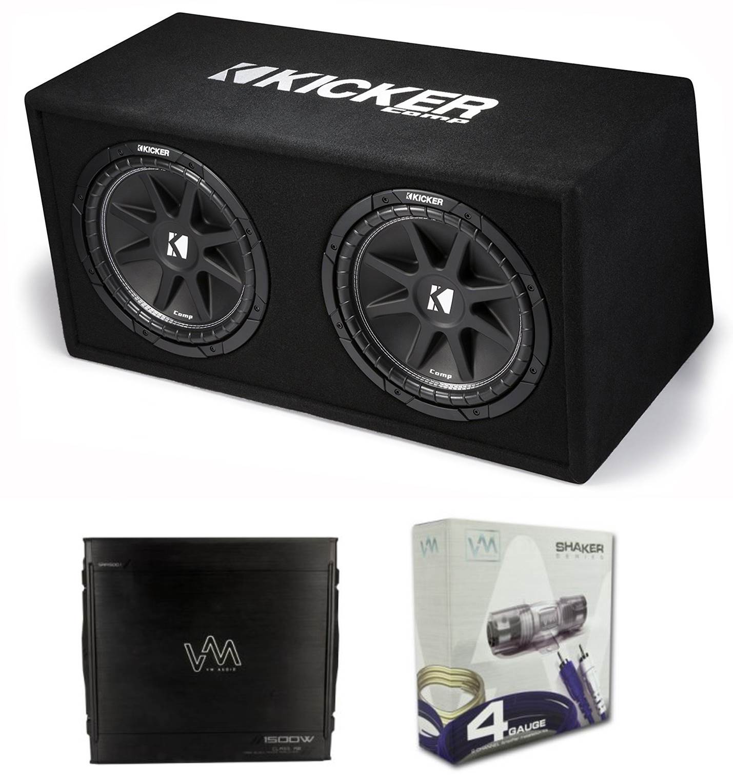 KICKER DC12 DUAL 12" 600 Watt Car Subwoofers +Box + 1500W Amplifier + VM Amp Kit