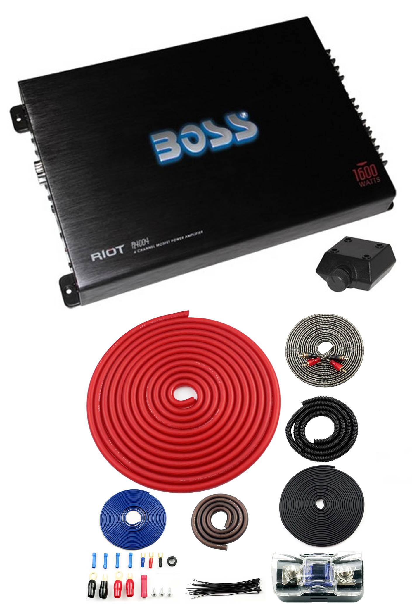 BOSS R4004 1600W 4-Channel Car Audio Power Amplifier w/Remote + 4 Gauge Amp Kit
