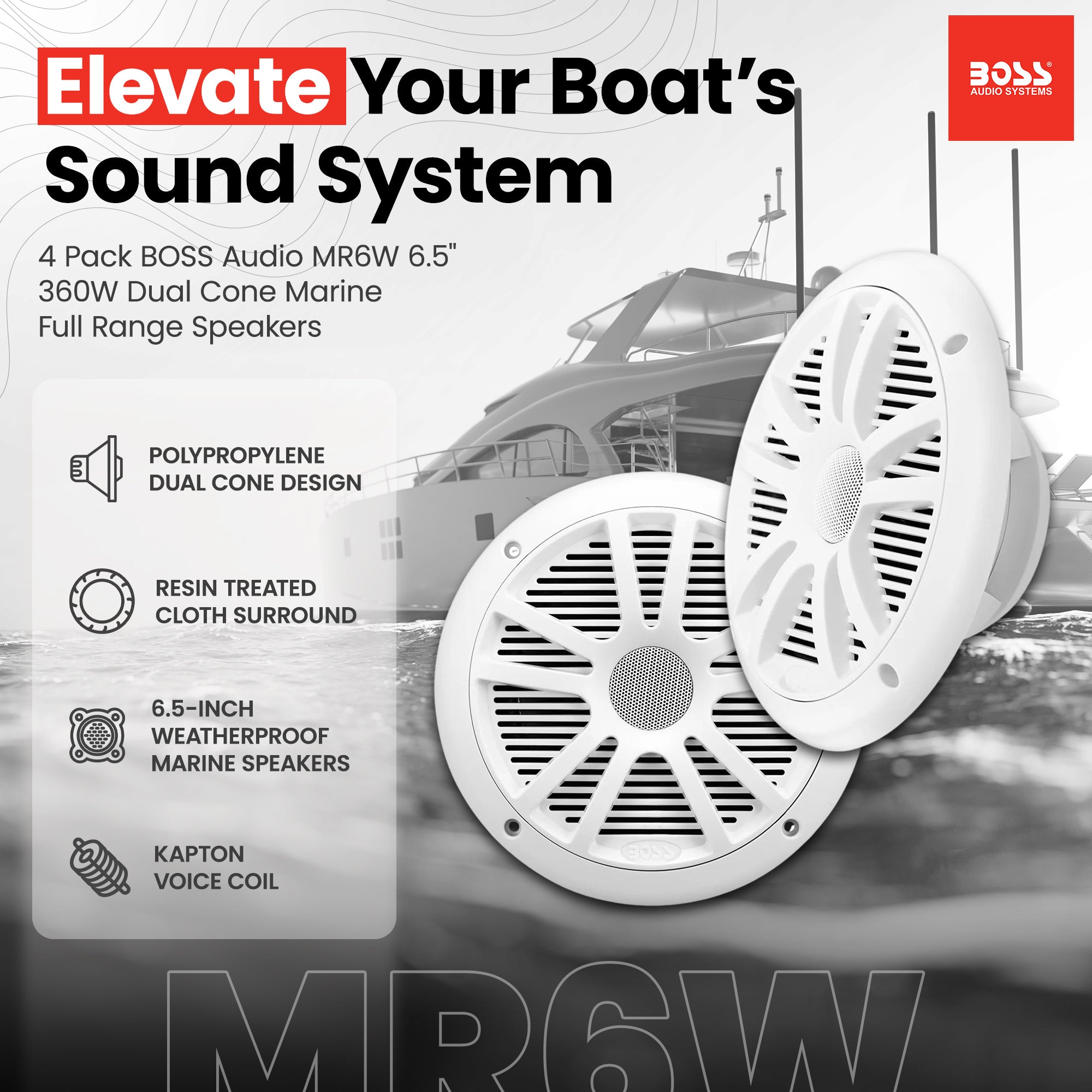BOSS Audio MR6W 6.5" 360W Dual Cone Marine/Boat Speakers Stereo, White (4 Pack) - VMInnovations