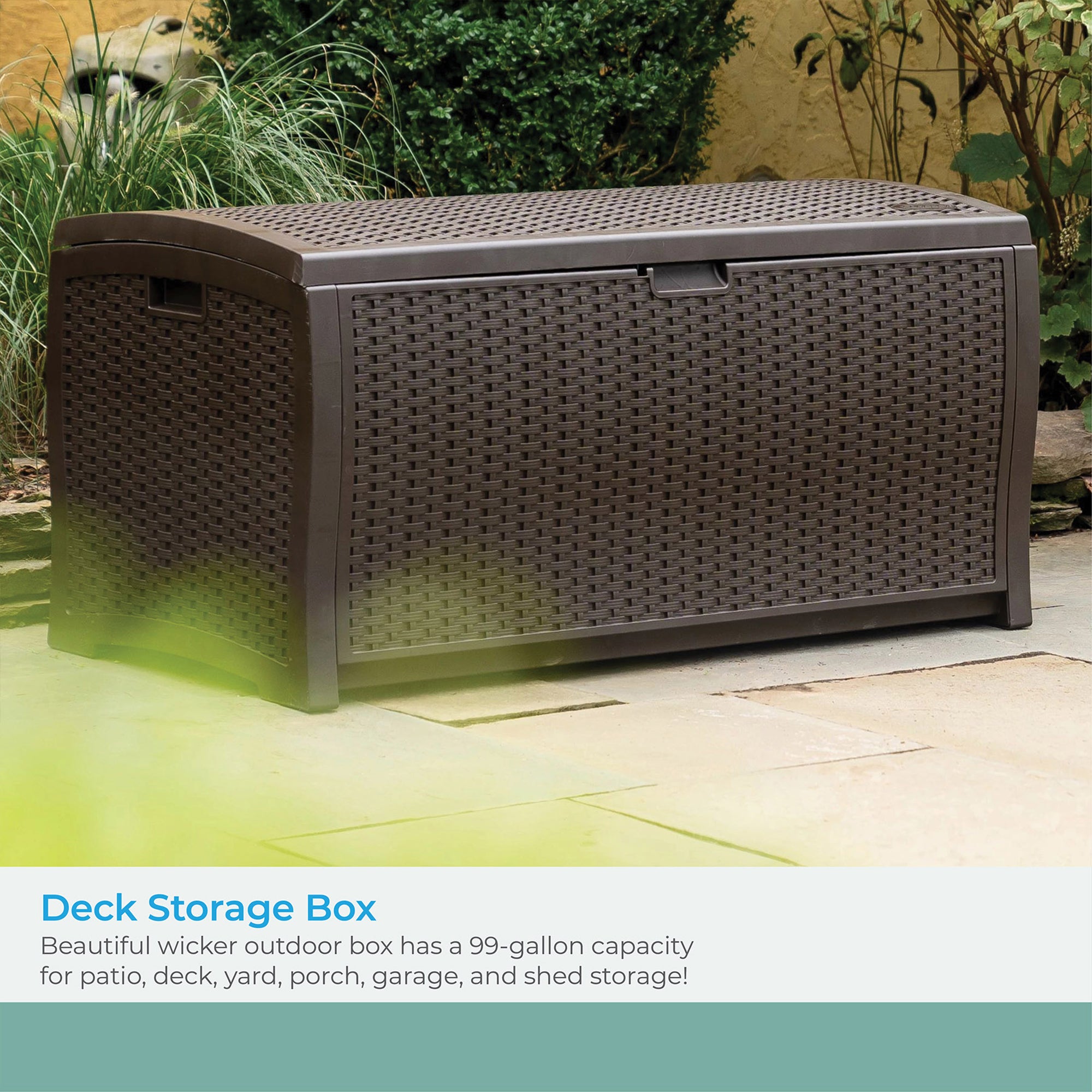 Suncast DBW9200 99 Gallon Outdoor Resin Patio Storage Chest with Handles, Mocha - VMInnovations