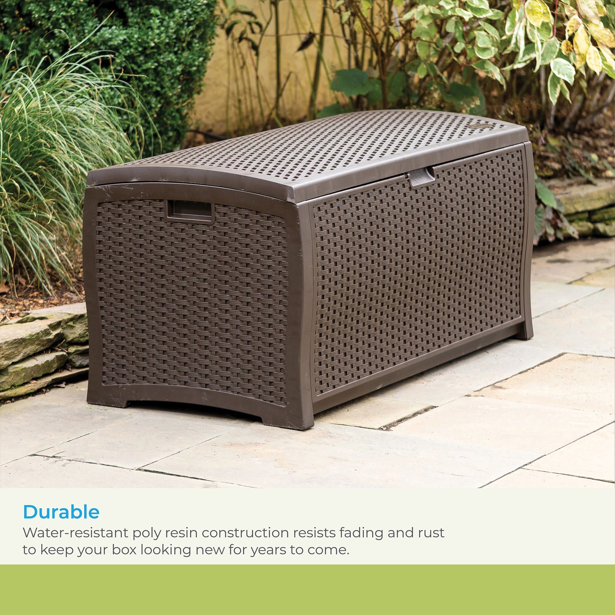 Suncast DBW9200 99 Gallon Outdoor Resin Patio Storage Chest with Handles, Mocha - VMInnovations