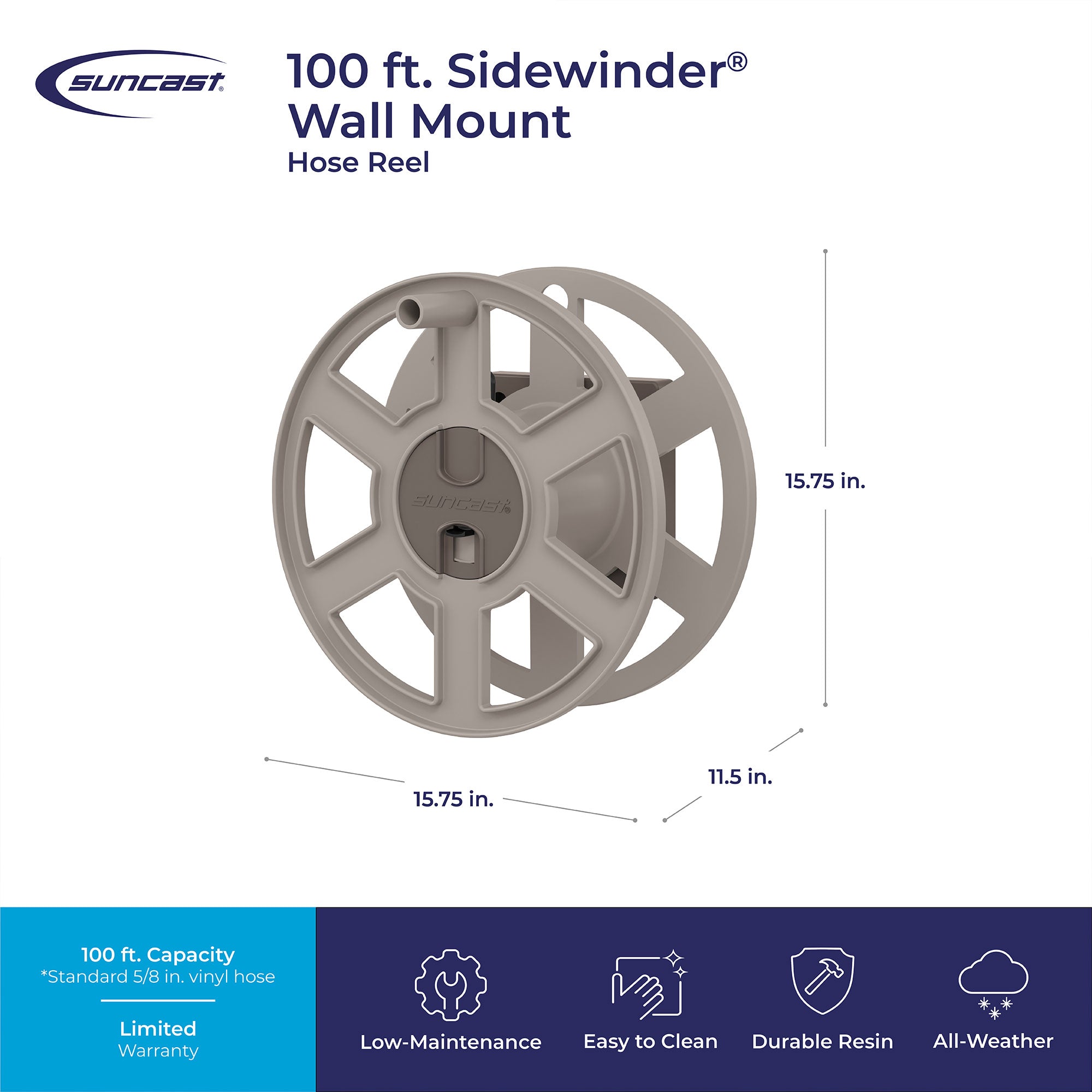 Suncast Sidewinder 100 Foot Wall Mount Garden Yard Outdoor Hose Reel, Taupe