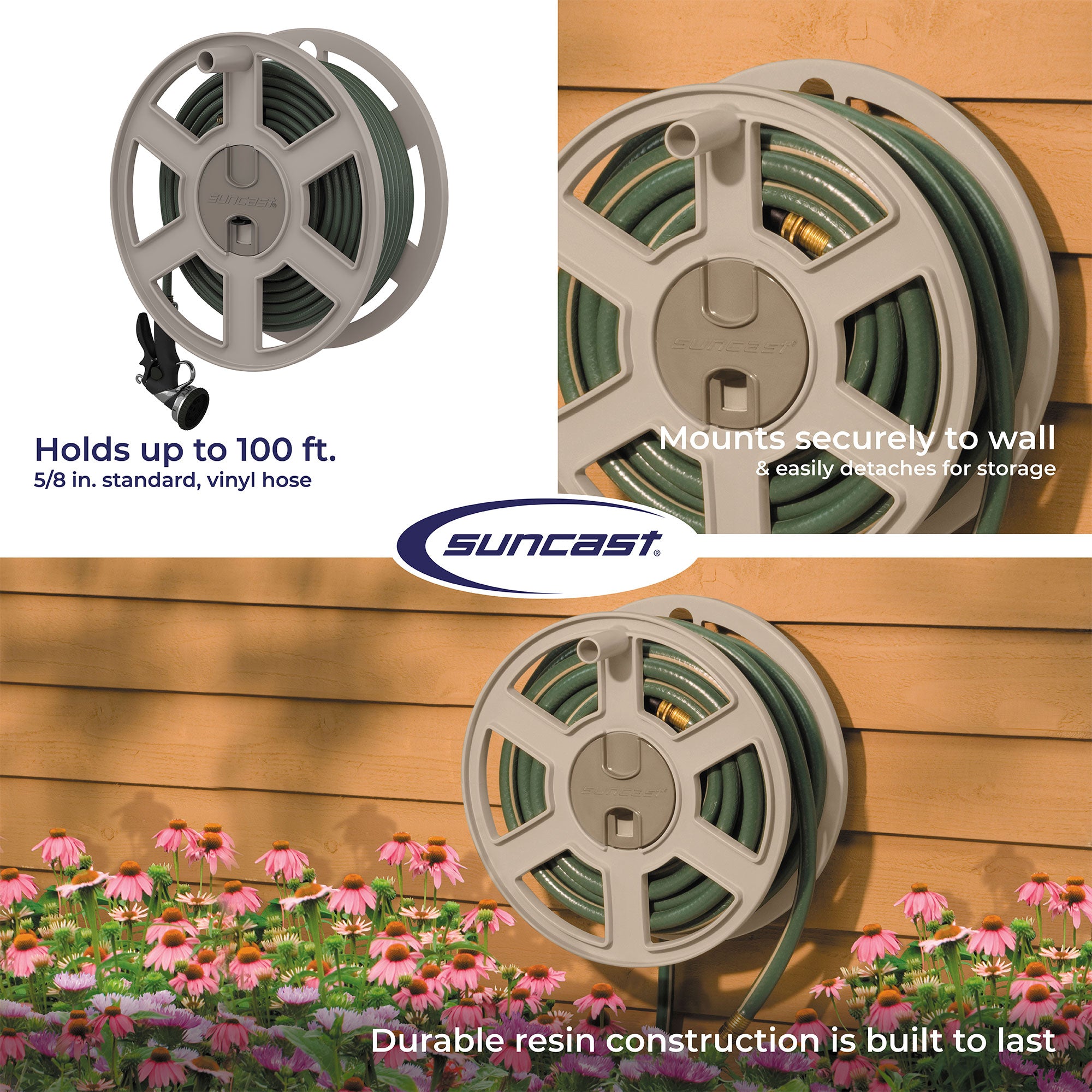 Suncast Sidewinder 100 Foot Wall Mount Garden Yard Outdoor Hose Reel, Taupe