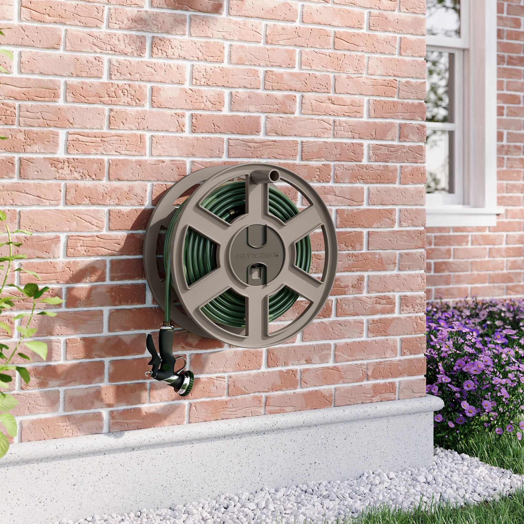 Suncast Sidewinder 100 Foot Wall Mount Garden Yard Outdoor Hose Reel, Taupe