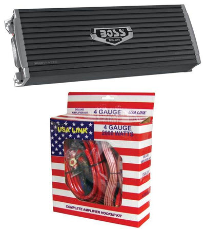 BOSS AR3000.2 3000W 2-Channel Car Audio Amplifier Power AR30002 + 4 Ga Amp Kit